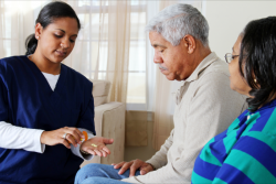 caregiver giving medicines to an elderly couple